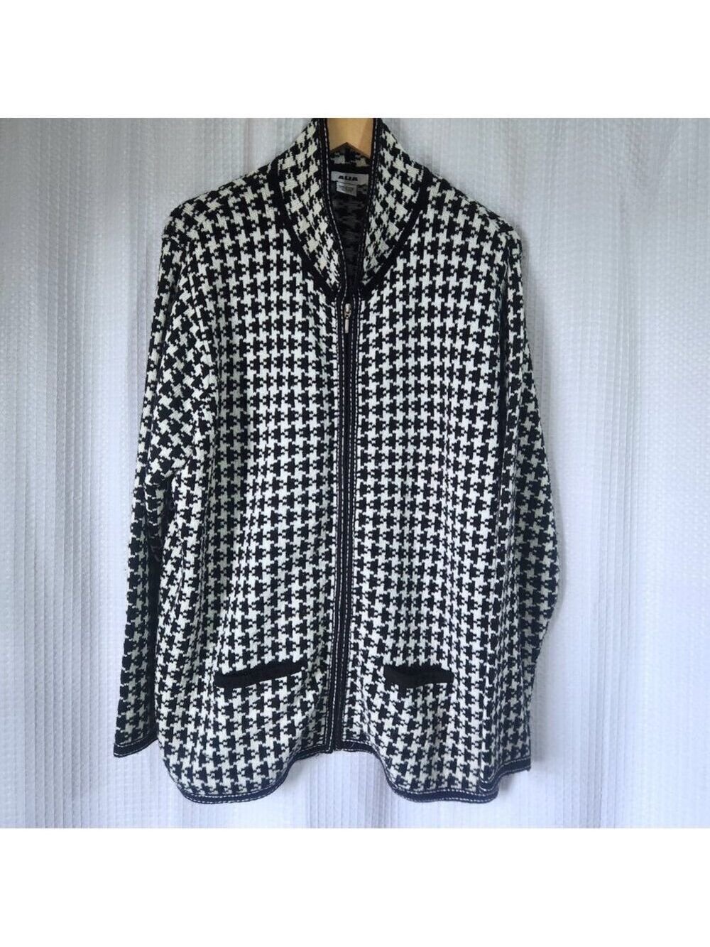 Alia Cardigan Sweater Womens XL Black and White Houndstooth Full Zip